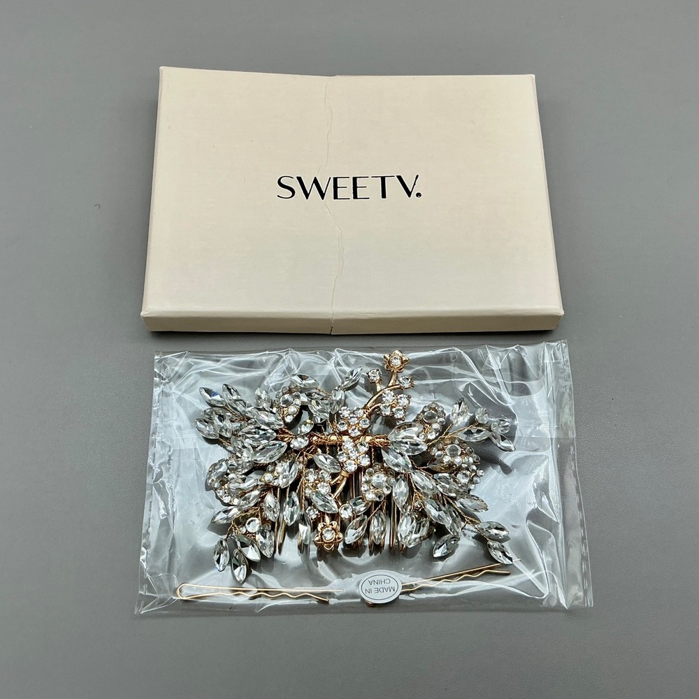 SWEETV Hair Comb Women Gold Tone Rhinestone Crystal Floral Bridal Wedding Access
